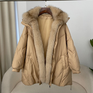 Detachable Fox Fur Collar Loose Wide-range Fur Goose Down Jacket Women's Mid-length 2024 Winter Coat Coat