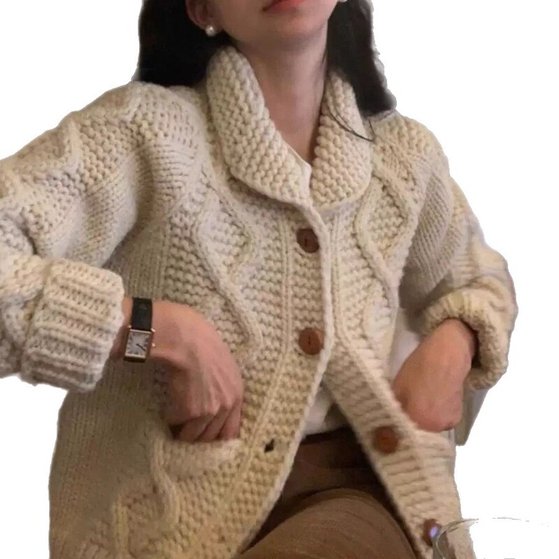 超厚翻领粗线棒针开衫毛衣女秋冬新款休闲时尚韩国复古针织短外套|undefined