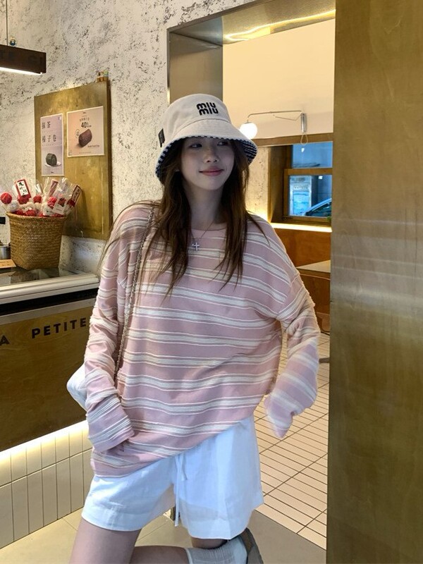 慵懒风条纹长袖T恤女2025秋季新款宽松中长款小众韩系圆领上衣潮|undefined