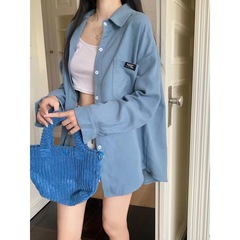 春秋新款衬衫女宽松慵懒风设计感小众长袖灯芯绒衬衣中长款外套冬
