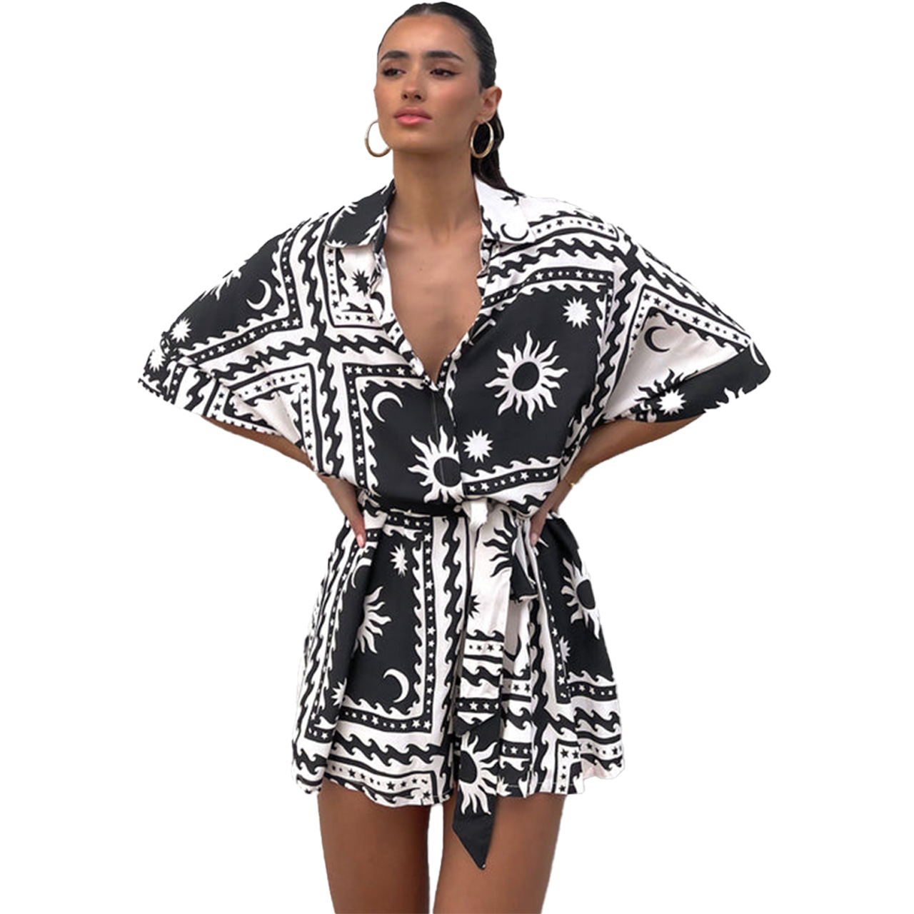 182g Weight Shorts Pants Length Polyester Fabric Type Mid Waist Waist Line Rompers Pants Type Micro-Elastic Elasticity Jumpsuit Tops Type Holiday, Daily Occasion Regular Fit Fit Type Sun Pattern Summer Season Women's Gender Printing Design Vacation Style Women's Holiday Daily Jumpsuit Vacation Sun Shorts Printing Rompers 38