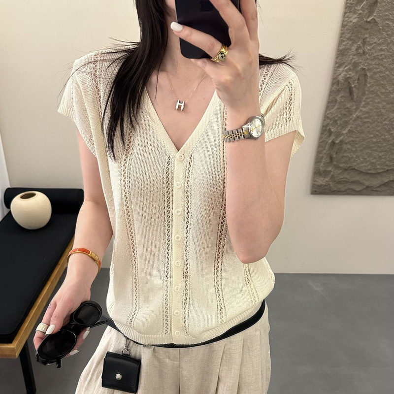 Silk Short-Sleeve T-Shirt Cardigan for Women, Summer 2026 New Fashion Design V-Neck Hollow-Out Ice Silk Knit Top