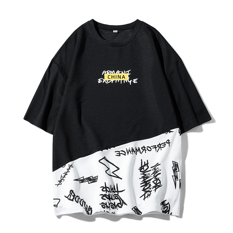 White background flat men's summer trend loose fitting quarter trendy student round neck short sleeved T-shirt_voghion.com