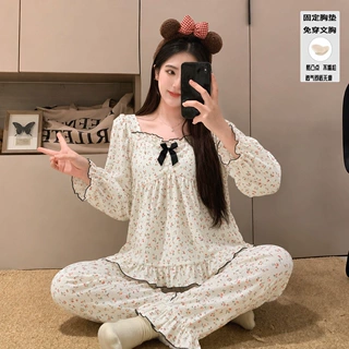 春秋夏季睡衣女甜美碎花舒适云朵棉带胸垫长袖长裤家居服两件套装