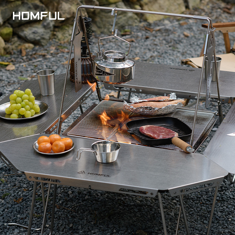 Homful Haofeng Mesa de fogata para barbacoa, combinación modular para acampar, mesa envolvente multifuncional de acero inoxidable, ocio al aire libre