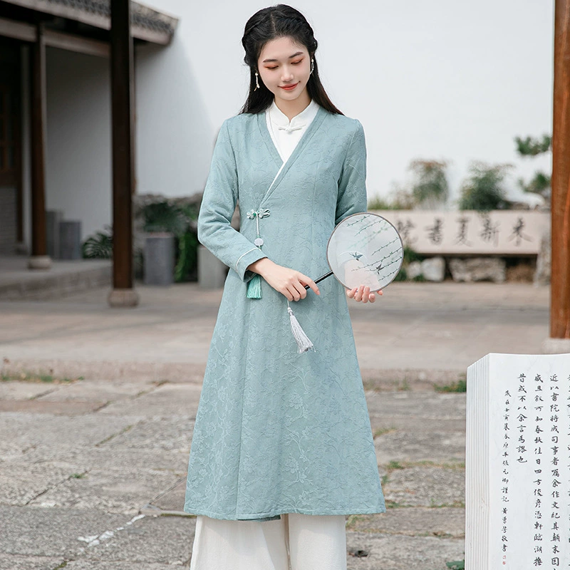 2023 осень и зима Новый китайский стиль Улучшенный Национальный Стиль арктическое бархатное пальто средней длины халат из хлопка и льна дзен-чая одежда верхняя одежда