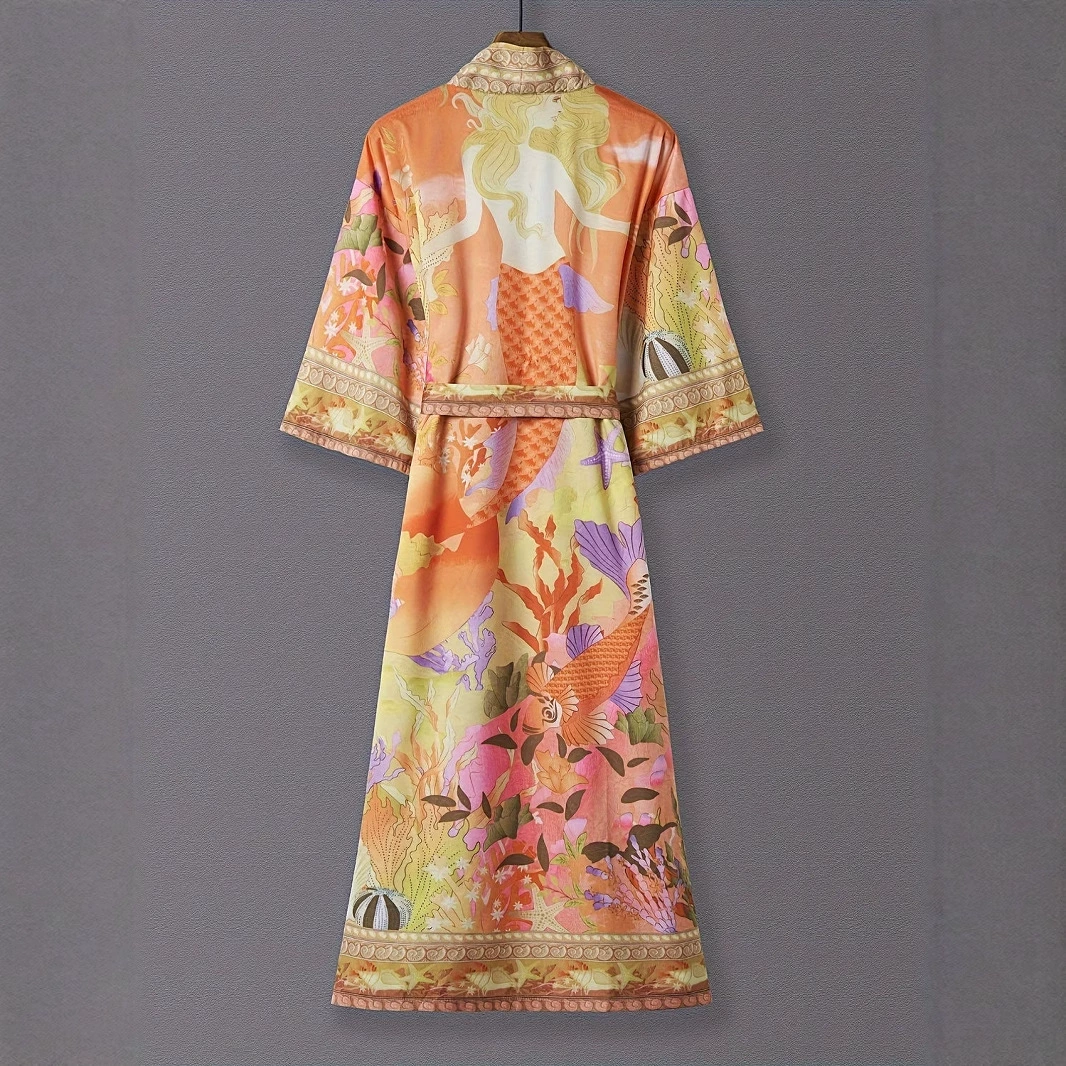 Европейское и американское элегантное ретро-кимоно с принтом русалки, кардиган, тонкое пальто, платье, тонкое пальто-накидка в японском стиле