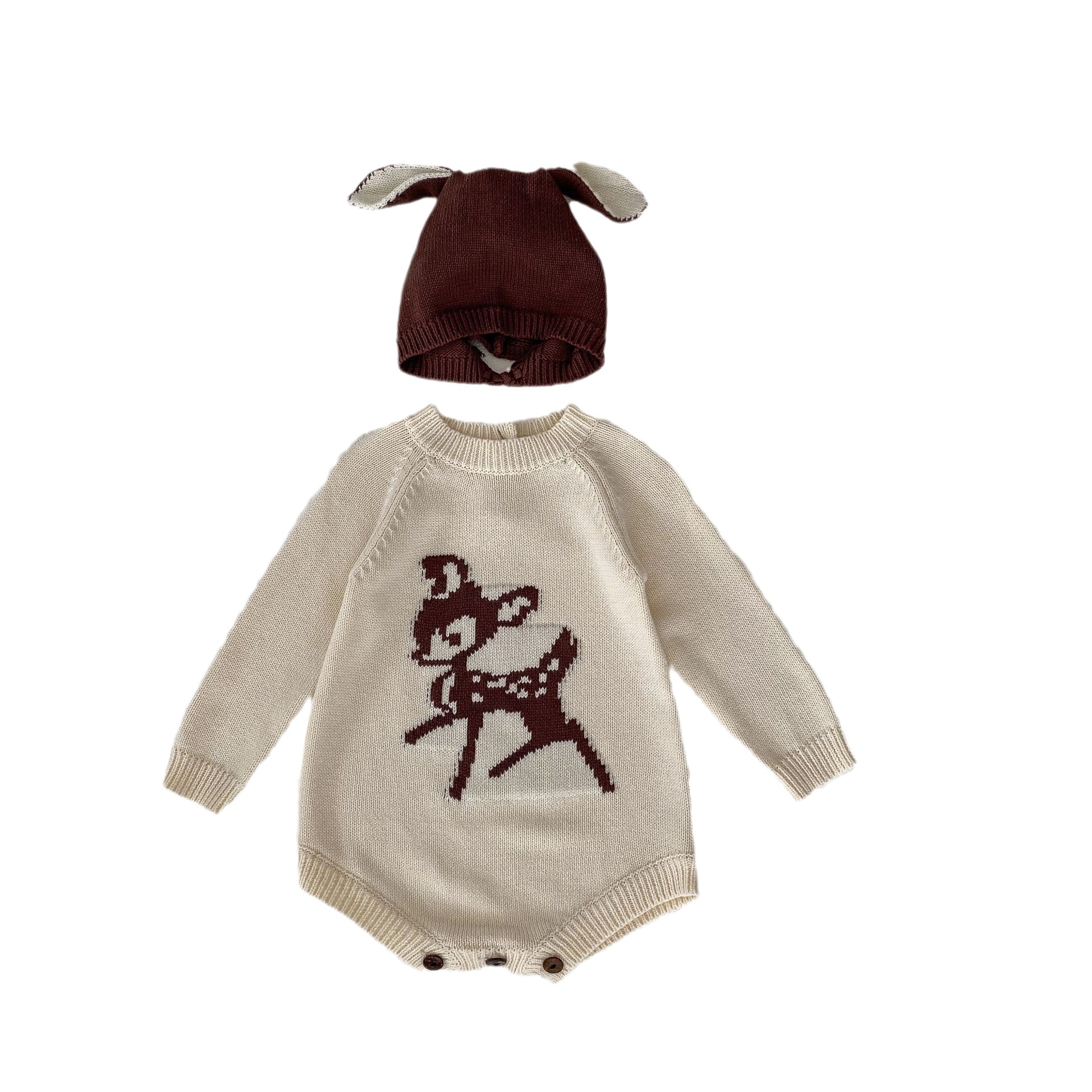 Tuta con cappuccio in maglia a maniche lunghe con motivo a cervo maculato, bambina, autunno 2024, triangolo, tuta da arrampicata, cappello opzionale_voghion.com