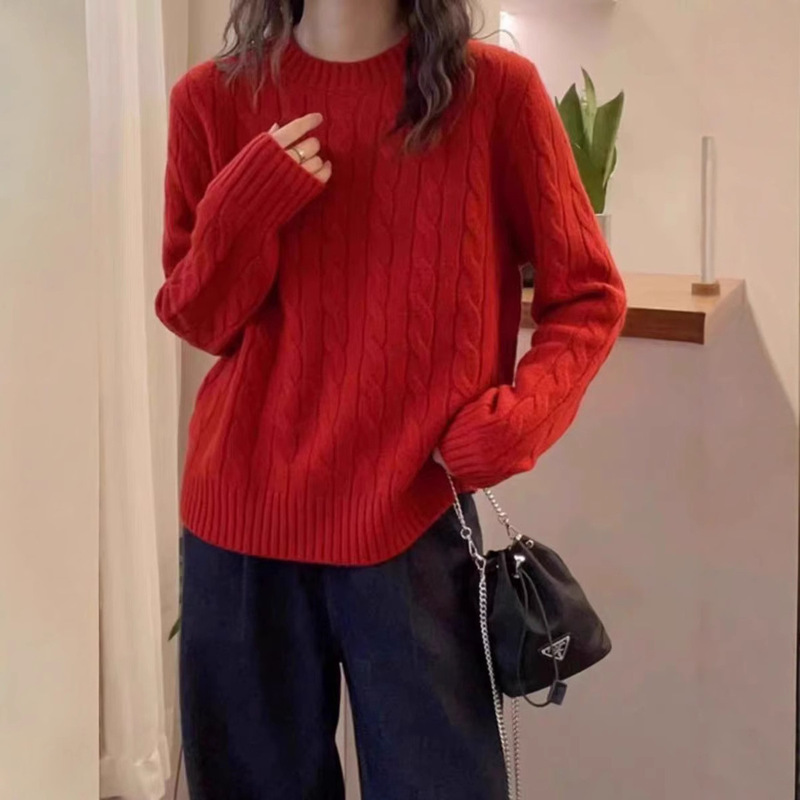 女式圆领纯羊毛长袖内搭纯色扭花设计打底衫秋冬新款亲肤套头毛衣|undefined
