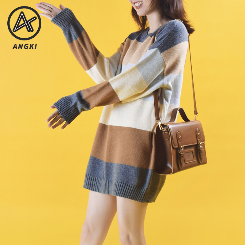 Autumn Cream Striped Loose Base Sweater Dress Girl's Gentle Style Elegant Retro Shoulder Knit Autumn Cream Striped Loose Base Sweater Dress Girl's Gentle Style Elegant Retro Shoulder Knit