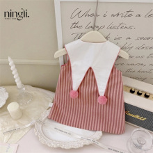 柠里女童连衣裙夏季洋气新款女宝宝翻领条纹背心裙儿童无袖公主裙