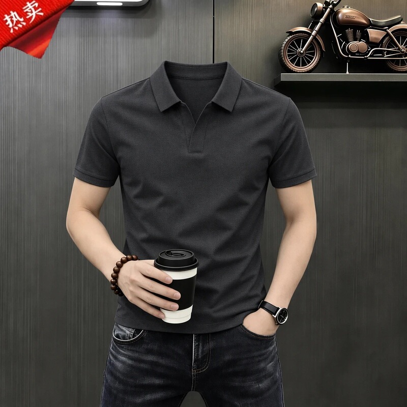 Trendy Men's Summer Linen Short-Sleeve T-Shirt V-Neck Polo Shirt Seagull Collar Solid Color Ice Silk Half-Sleeve Trendy Men's Summer Linen Short-Sleeve T-Shirt V-Neck Polo Shirt Seagull Collar Solid Color Ice Silk Half-Sleeve