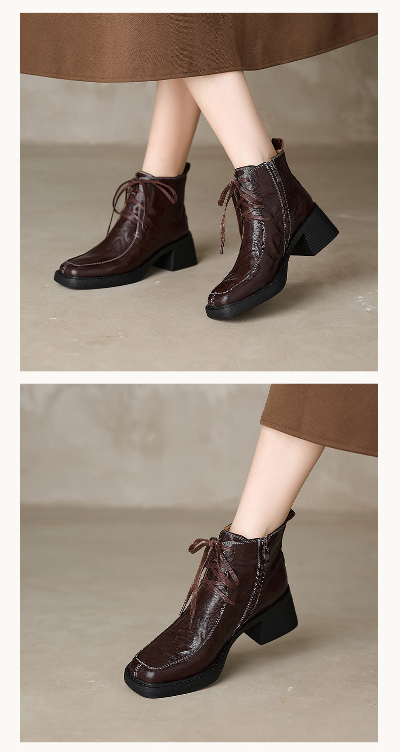 Boot nữ mũi vuông dây buộc da dê cao gót cổ ngắn lót nhung — Lớp lót nhung đen chi tiết 9