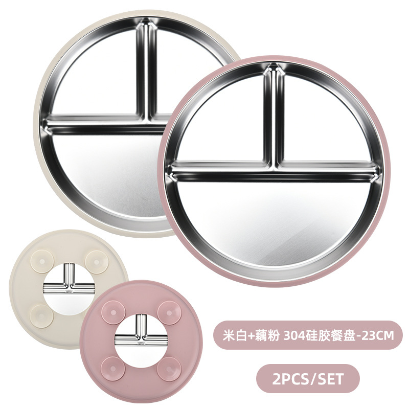 Platos de acero inoxidable con ventosa, silicona antideslizante, aislamiento térmico, niños