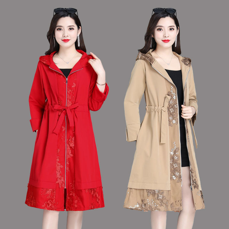 Middle-aged mother windbreaker Women's Mid-length spring 2023 new western style large size women's spring and autumn thin hooded coat