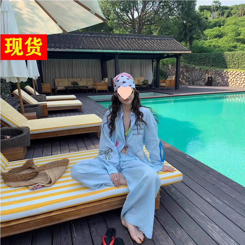 Spot Zhou Meimei 100 Linen Seawater Blue Holiday Embroidered Sun Protection Shirt Long Shorts Suit