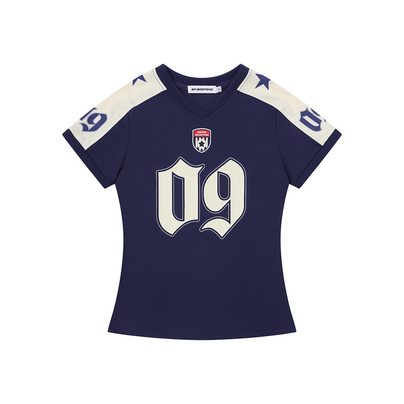 Bf.Borfend American Retro Hot Girl Style Color-Blocking Digital Print Jersey Top Women's Short-Sleeve Jersey Trend Bf.Borfend American Retro Hot Girl Style Color-Blocking Digital Print Jersey Top Women's Short-Sleeve Jersey Trend