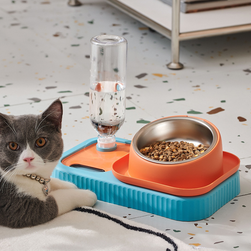 En stock al por mayor en caja de acero inoxidable para mascotas tazón gato tazón anti-estrangulamiento tazón de comida para gatos oblicuo gato tazón para perros