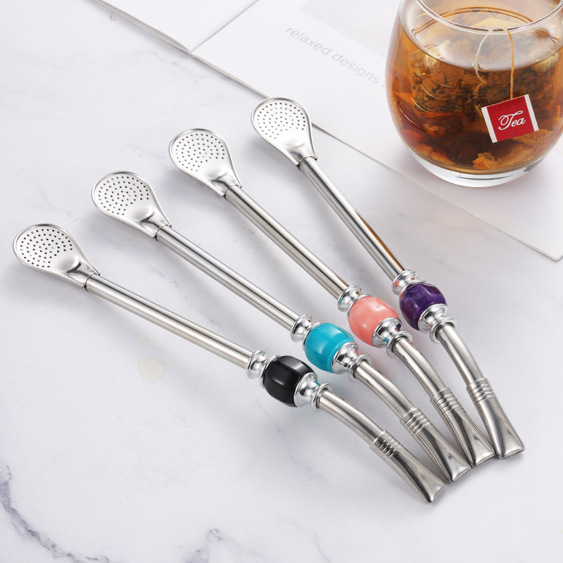 Argentina mate tea straw spoon coffee mixing scented tea filter drinking tube detachable filter spoon head with beaded straw
