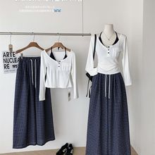 阔腿裤套装慵懒T恤吊带背心长袖新款格调方领格子