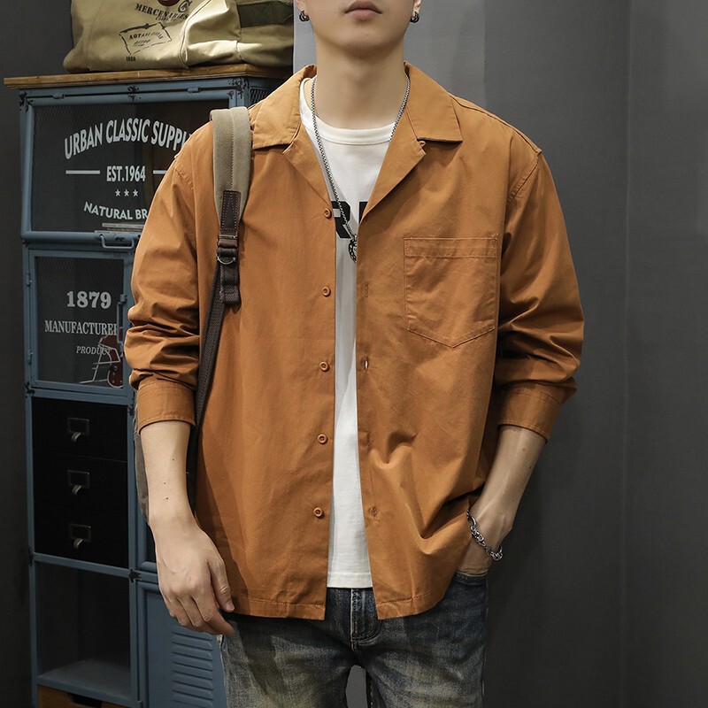 Autumn and winter fashion brand Cuban collar casual shirt men's American retro cotton long sleeve shirt loose simple solid color coat