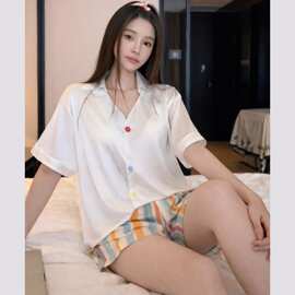 冰雪丝短袖开衫衬衫领V领短裤长裤家居服简约休闲夏季睡衣两件套