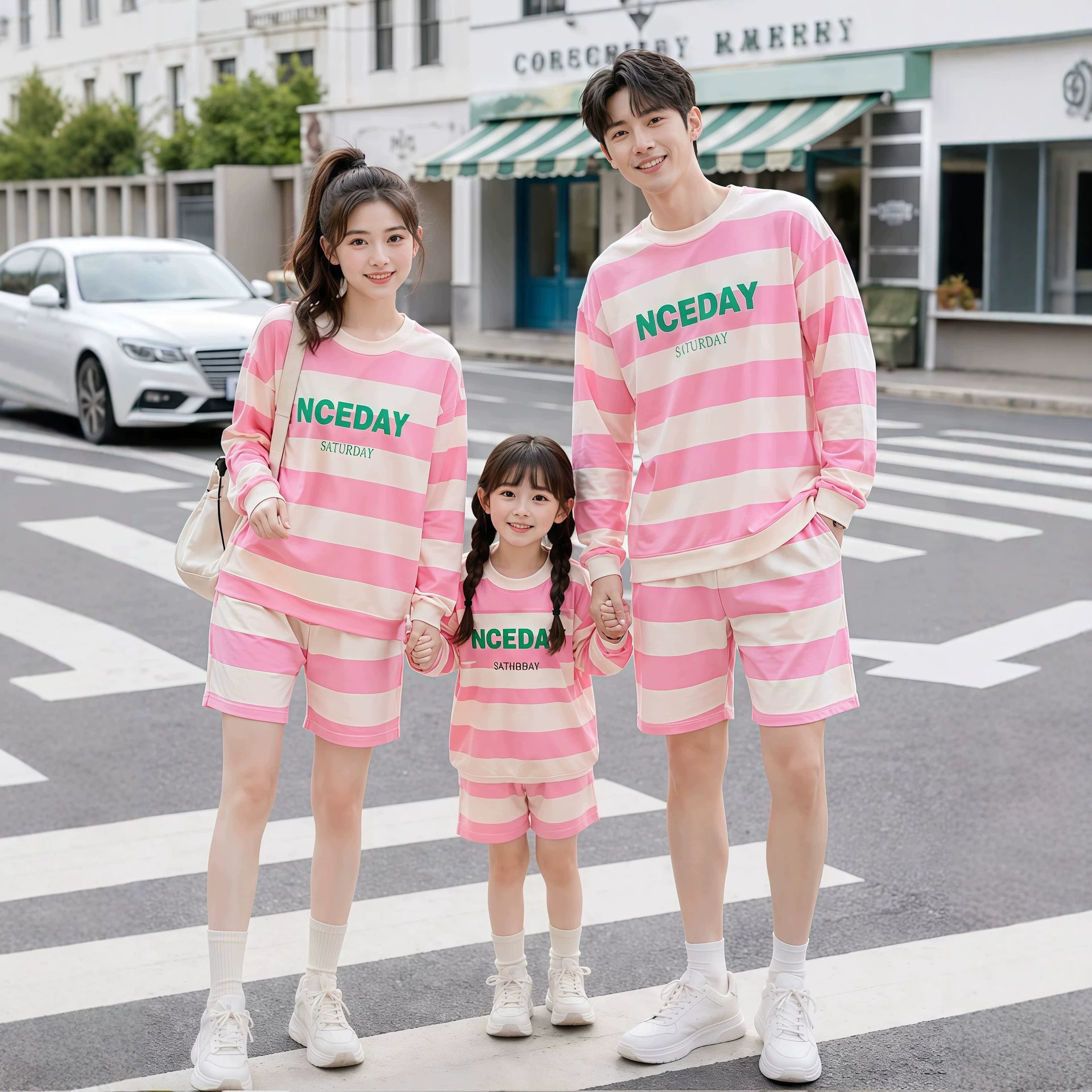 In stock, autumn style, fashionable pink striped mother-daughter matching sets, sporty, stylish and versatile mother-daughter outfits.