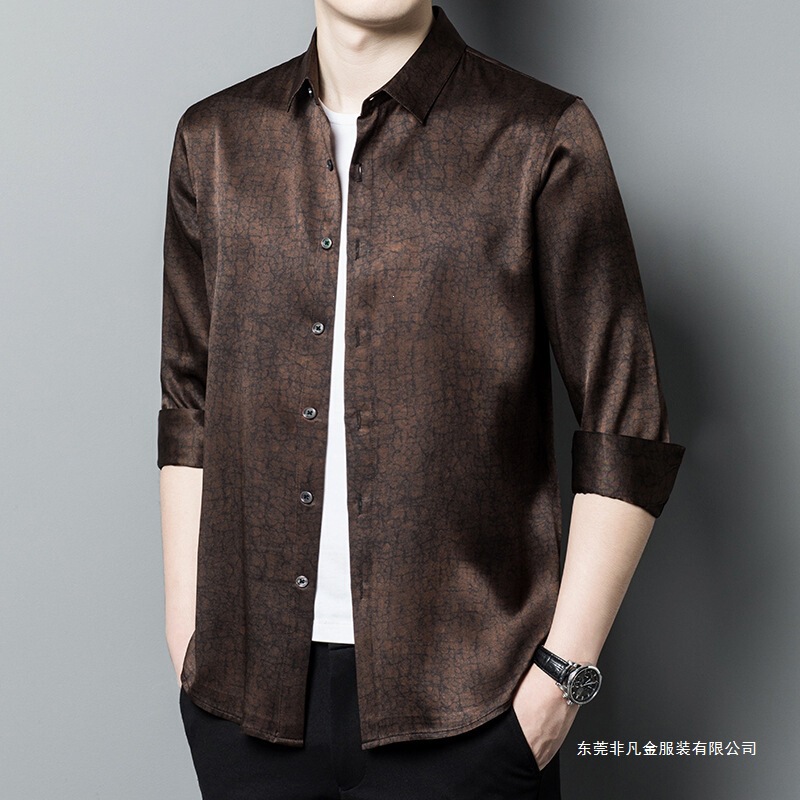 Authentic 9903 Xiangyun Silk Men's Long-Sleeve Shirt with Crackle Pattern, Light Luxury Fashion Authentic 9903 Xiangyun Silk Men's Long-Sleeve Shirt with Crackle Pattern, Light Luxury Fashion