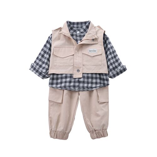 new boys spring and autumn long-sleeved plaid shirt casual trousers sleeveless vest three-piece foreign trade wholesale