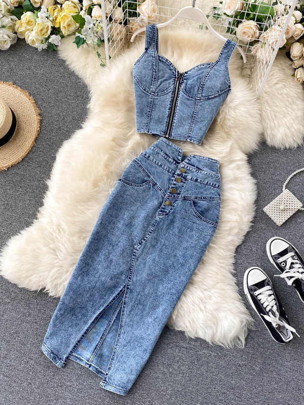 Summer retro denim fitted T-shirt