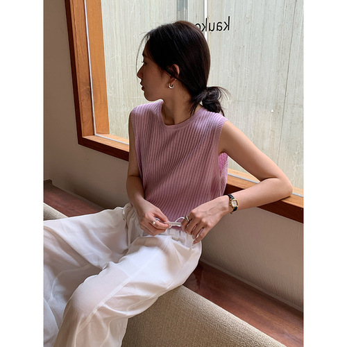 Wanwei French Design Knit Top for Women 2024 Summer New Arrival Striped Cross-Back Strappy Tank 007