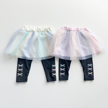 日单新款110-130女孩秋季婴儿中小童秋季打底裙裤彩虹网纱刺绣