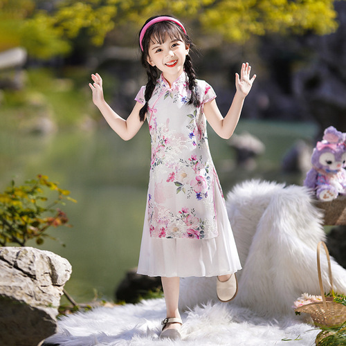 Improved cheongsam hanfu girls summer with thin skirt girl western style Chinese wind children dress tide