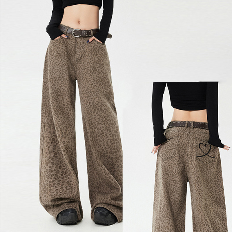 Vintage Street-Style Leopard Print Jeans for Women, Spring Season, European and American Hot Girl Style, Figure-Flattering Wide-Leg Pants, Low-Waist Slimming Embroidered Floor-Length Pants