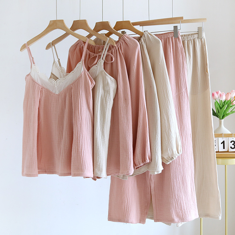 绉纱蕾丝法式性感睡衣女春秋纯棉纱布长袖吊带三件套宽松家居套装