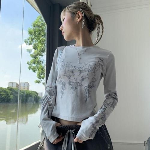Y2K European & American 2025 Autumn Retro Streetwear Printed Personalized Daily Casual Long-Sleeve Crew-Neck T-Shirt Top for Women