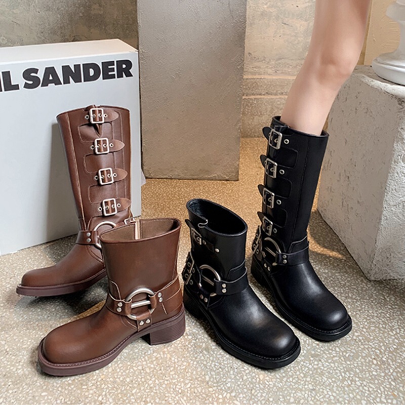 miu brown vintage Knight boots Western cowboy boots thick heel belt buckle knee high boots hot girl style women miu brown vintage Knight boots Western cowboy boots thick heel belt buckle knee high boots hot girl style women