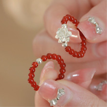 天然红玛瑙珠串指环莲花足银戒指女小众设计高级感本命年纯银手饰