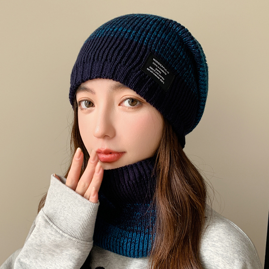 Knitted pullover hat scarf kit men's and women's winter thickened and velvet outdoor face protection two-color knitted hat_voghion.com