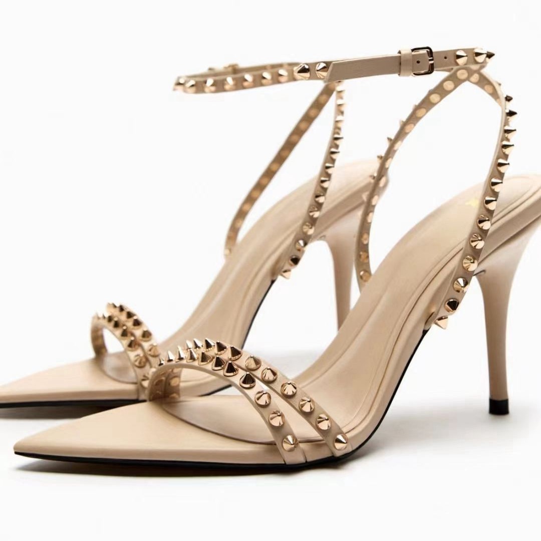 Zar@A Women's Shoes 2023 New Studded High-Heeled Strappy Sandals Women's Stiletto Heels Apricot Color