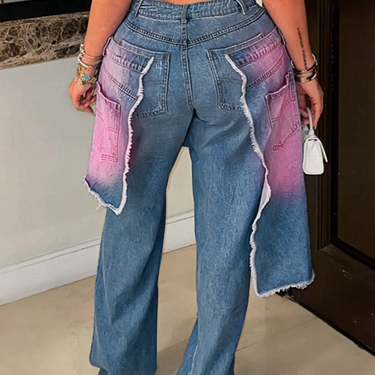 YL2568 Autumn/Winter European And American Women's Fashion Washed Ripped Spray-Dyed Loose Stretch Denim Patchwork_ecoleips.com