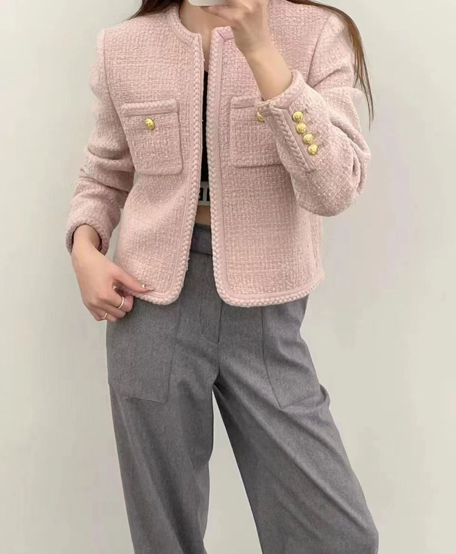 2024 Early Spring New Style Small Fragrance Style Elegant Pink Tweed Short Wool Coat Women's Hunting-Style Open-Front Jacket