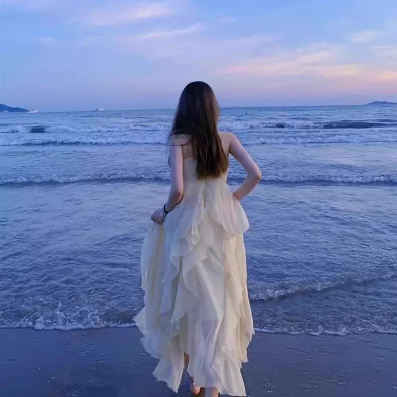 Fairy Dress Sling dress Seaside Vacation Dress Summer Beach Sling Dress Long Dress New White Sanya