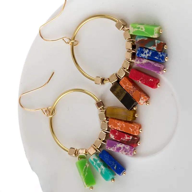 Women's Gender Cross-border Hot Selling Natural Stone Earrings Stylish Good Texture Colorful Emperor Stone Cuboid Colorful Pendant Earrings