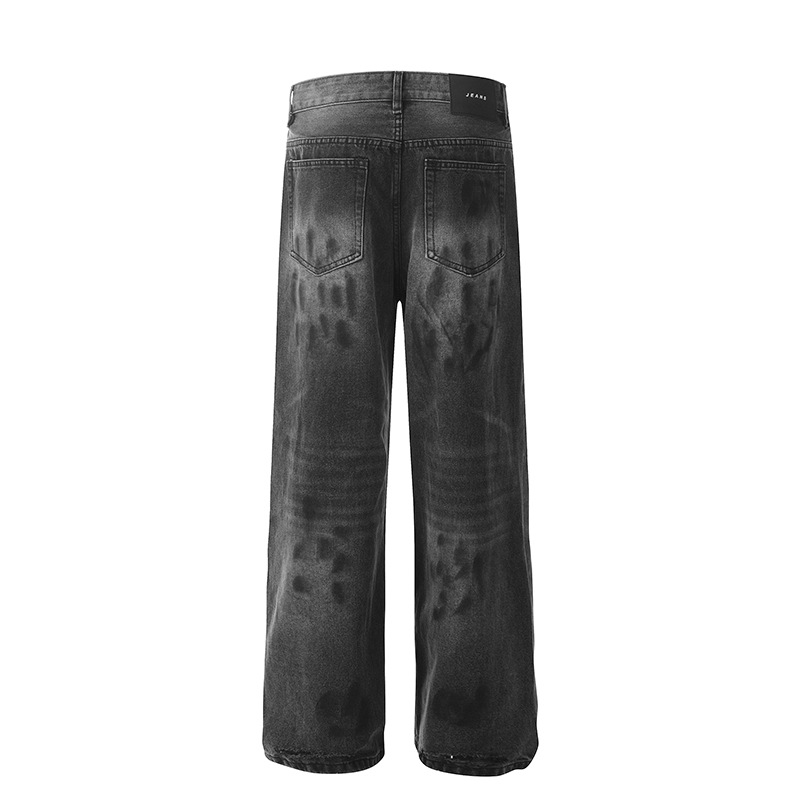 Unisex High Street Distressed Whiskered Ripped Black Jeans American Style Vibe Washed Straight Leg Slightly Flared Hip Hop Floor Length Pants_mkmklike.com