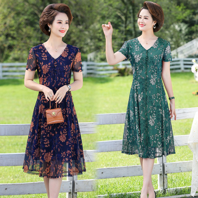 一件代发上海厂家批发分销夏季短袖小碎花连衣裙女士妈妈长款裙子