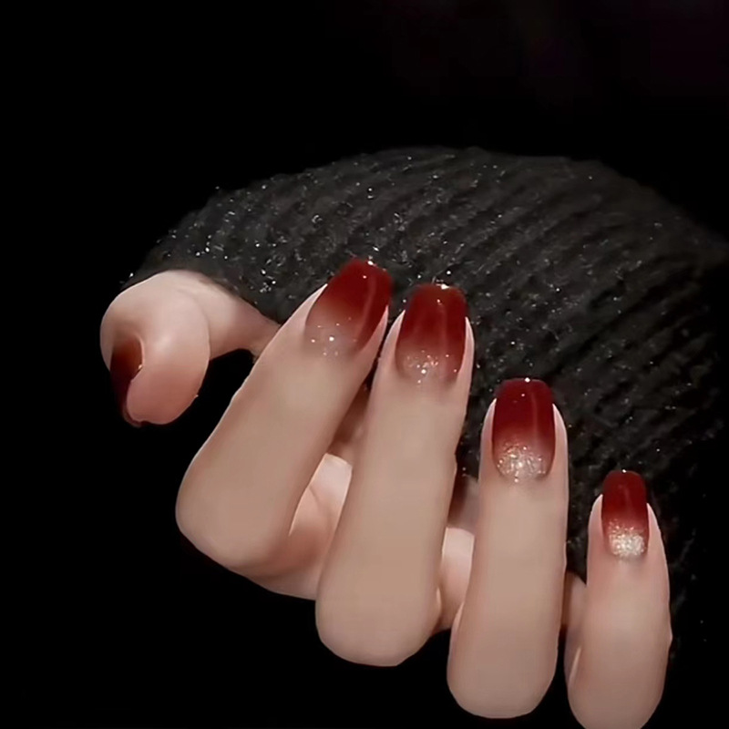Wine Red Gradient Cat Eye Wearing False Nail, Autumn and Winter Nail Clips, New Year's Eve 24 Pieces_voghion.com
