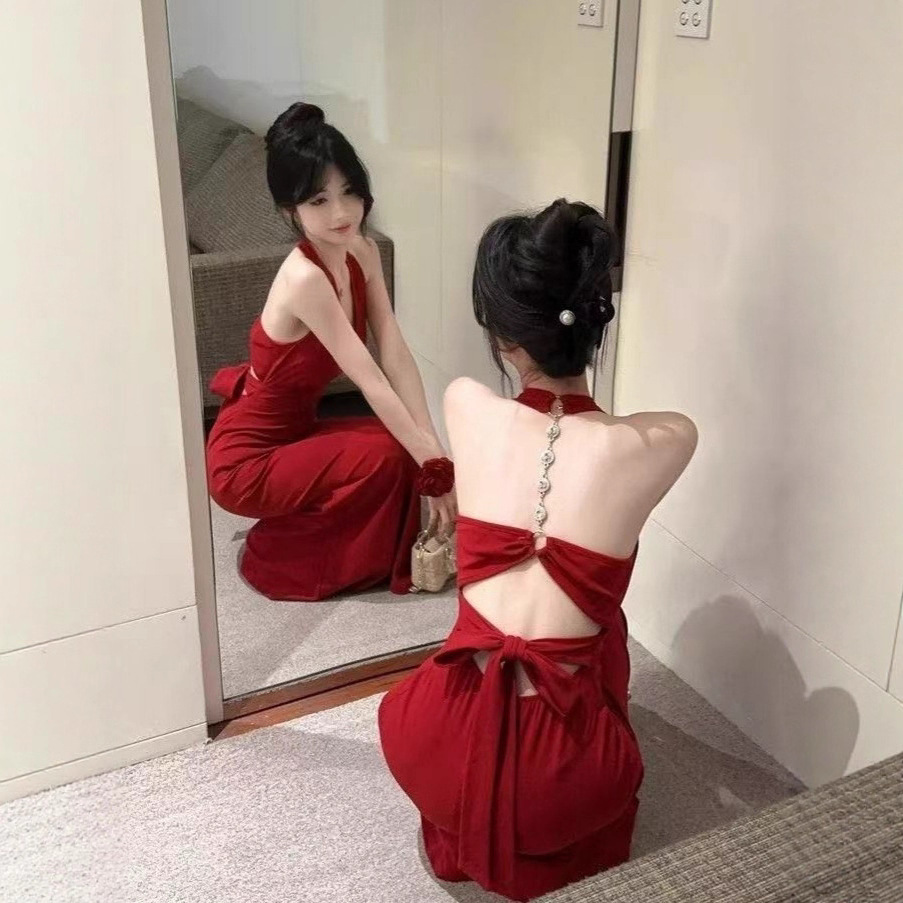 Celebrity Style Chain Halterneck Evening Dress Fishtail Skirt Women's Summer Elegant Backless Dress Sexy Suspender Hip Skirt
