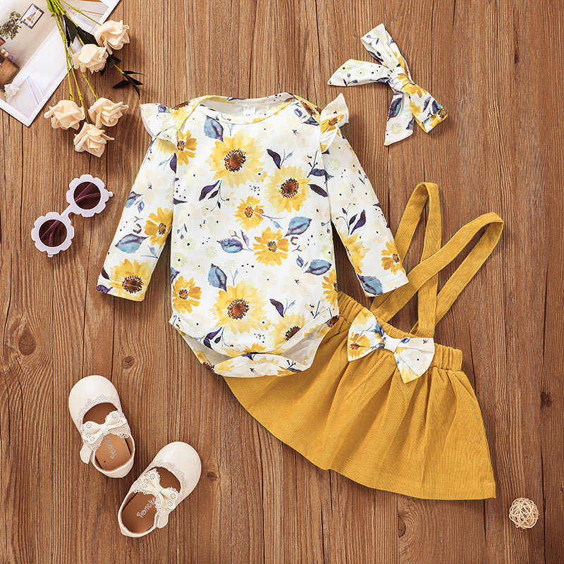 Autumn Girl Printed Cute Long Sleeve Romper Sling Skirt Two-piece Suit European And American Yellow Children's Suit display picture 2