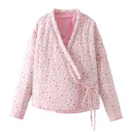 2024秋wish亚马逊eBay粉色碎花系带宽松棉服棉衣